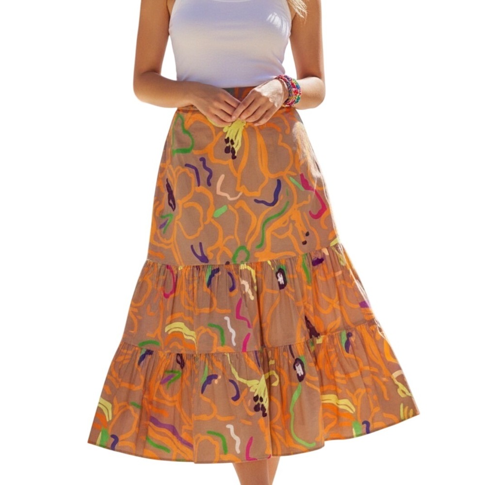 Tanya‎ Taylor Women Tan Multi Color Abstract Floral Tiered Ruffle Midi Skirt 4